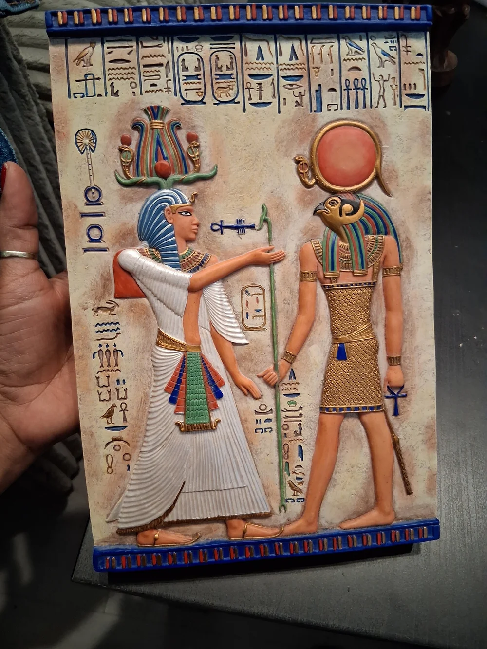 Egyptian Relief Wall Art – White, Gold, Blue